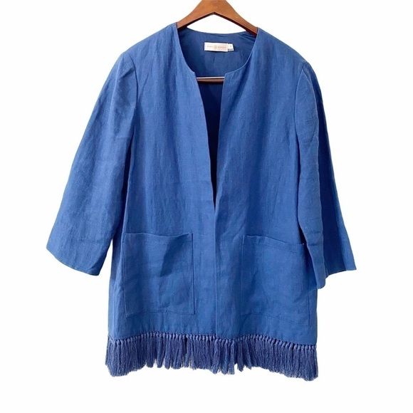 Tory Burch Emily Blue Fringe Trim Linen Blend Open Front Jacket Women’s Size 10 - Picture 2 of 8